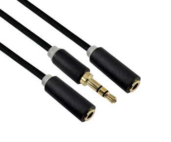 Audioadapter 3,5mm Klinke auf 2x Bu., Anschluss von 2x 3,5mm Klinke an einen Anschluss, schwarz, DINIC Box mit Euroloch, Länge 0,20m